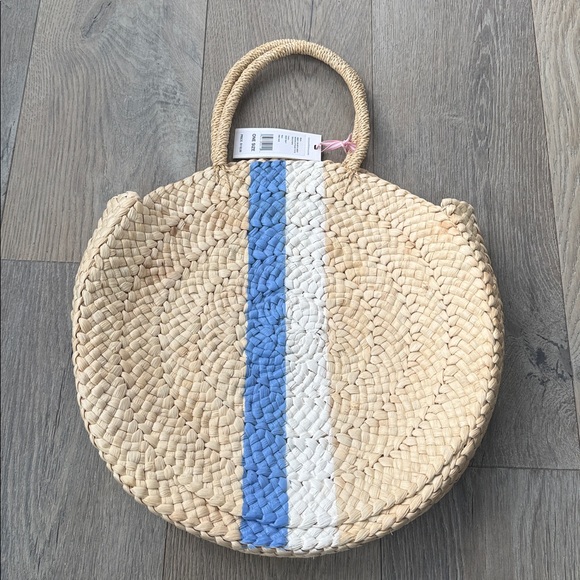 Vineyard Vines Woven Straw Round Tote Natural w/Deep Bay Sky Blue & White Stripe - Picture 4 of 8